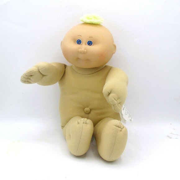Vintage 1985 Cabbage Patch Kid Doll Yellow Tuft Blue Eyes Green White Outfit - Picture 7 of 10